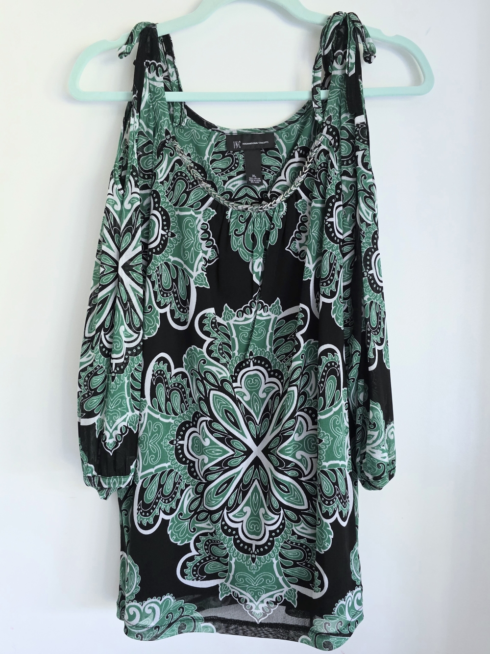 INC International Concepts Black and Green Paisley Cold-Shoulder Blouse XL